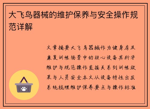 大飞鸟器械的维护保养与安全操作规范详解